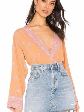 Free People Peach and Pink Wrap V-Neck Blouse